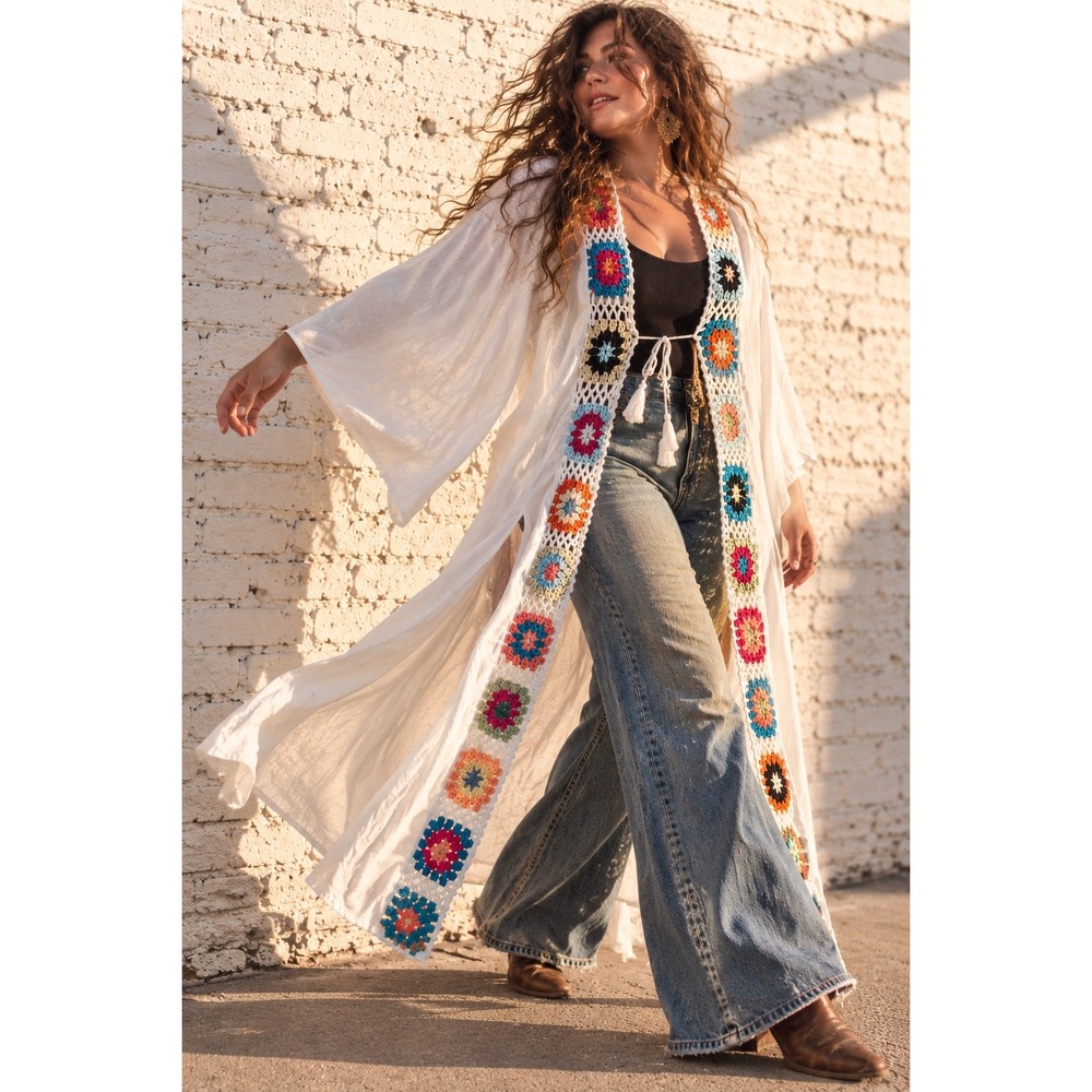 Davi & Dani White Rayon Blend Crochet Trim Duster Kimono Boho 1XL NWT